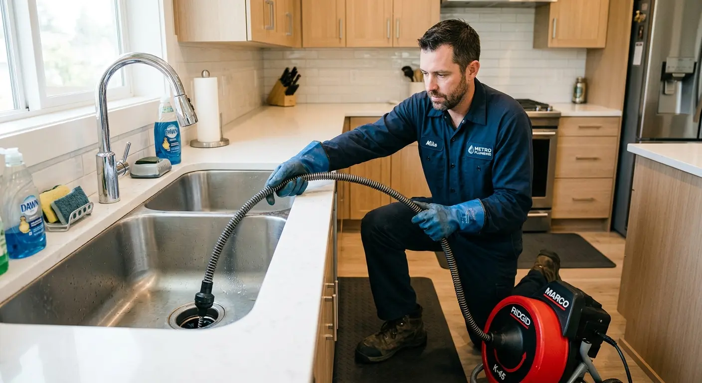 Drain cleaning technician using a motorized snake on a kitchen sink in Tahlequah