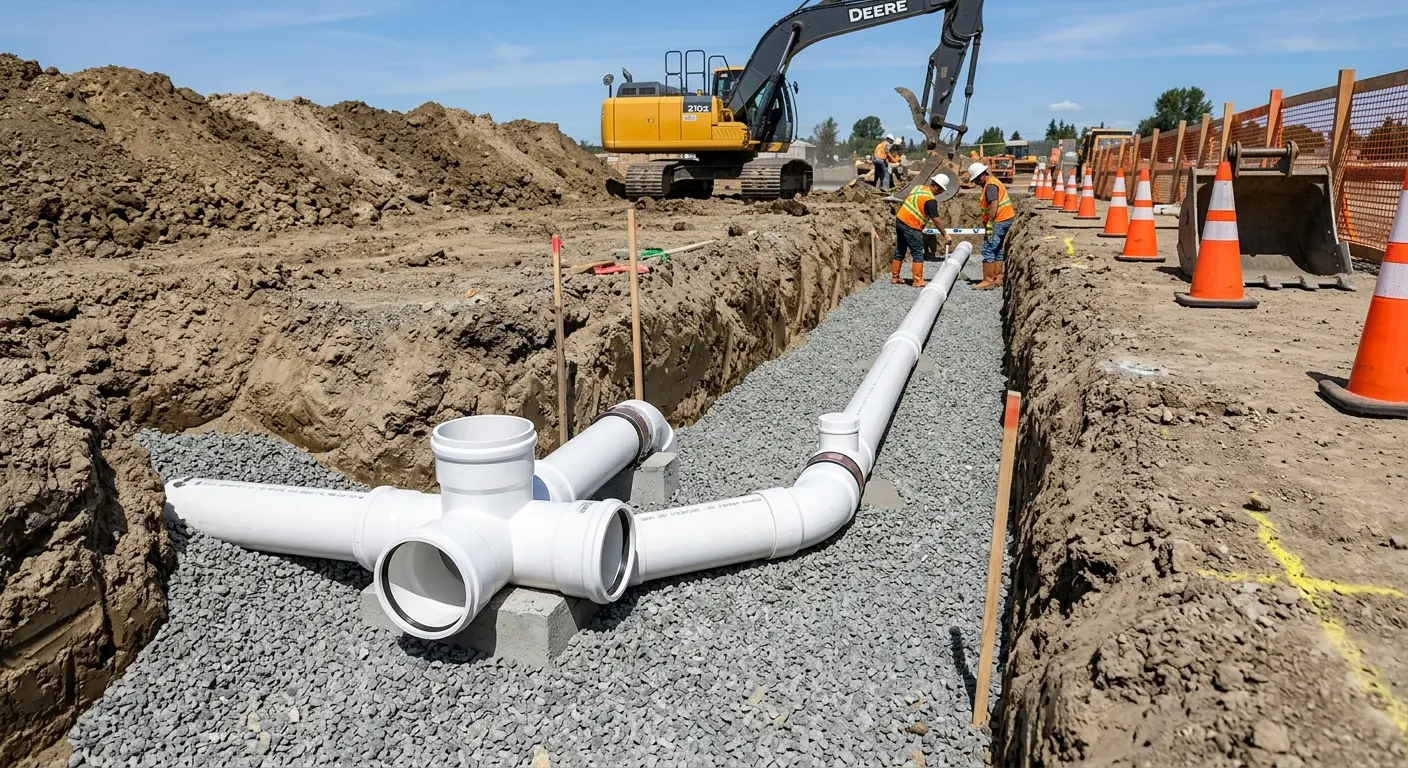 New PVC sewer pipe installation in open trench for Commercial Drain Cleaning in Tahlequah