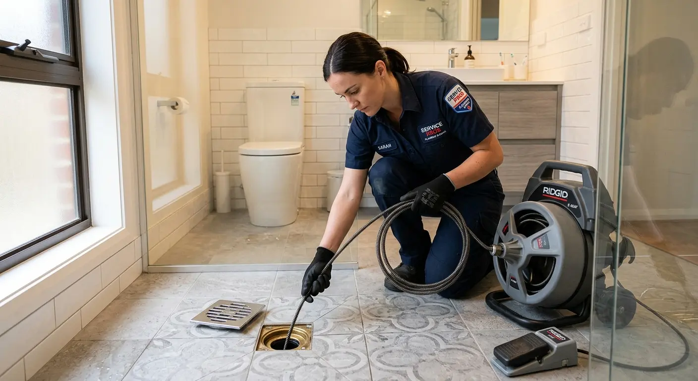 Technician clearing a bathroom floor drain for Sewer Line Replacement in Tahlequah